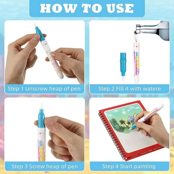 Magic Water Coloring Book with Pen – Reusable Drawing Board for Kids